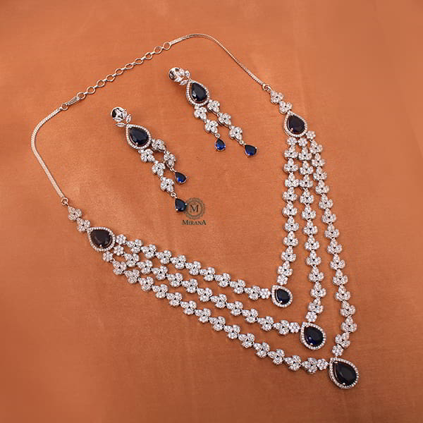 Bertina Sapphire Blue Triple Layered Designer Necklace Set