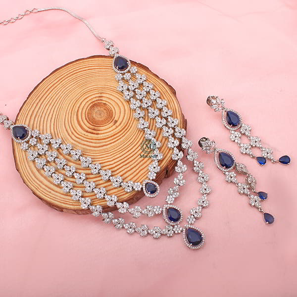 Bertina Sapphire Blue Triple Layered Designer Necklace Set