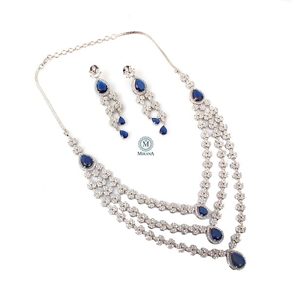 Bertina Sapphire Blue Triple Layered Designer Necklace Set