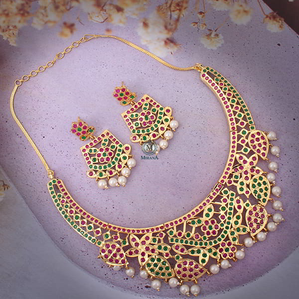 Rajwadi Ruby Green Pearl Jadau Necklace Set