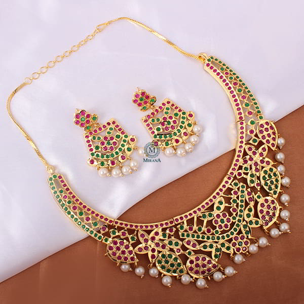 Rajwadi Ruby Green Pearl Jadau Necklace Set