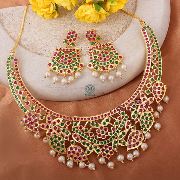 Rajwadi Ruby Green Pearl Jadau Necklace Set