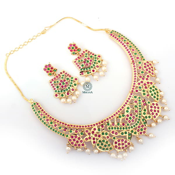 Rajwadi Ruby Green Pearl Jadau Necklace Set