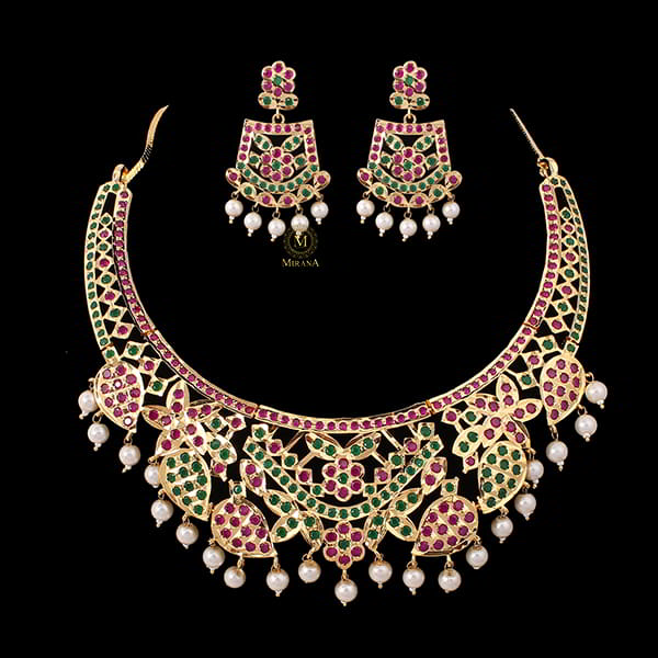 Rajwadi Ruby Green Pearl Jadau Necklace Set