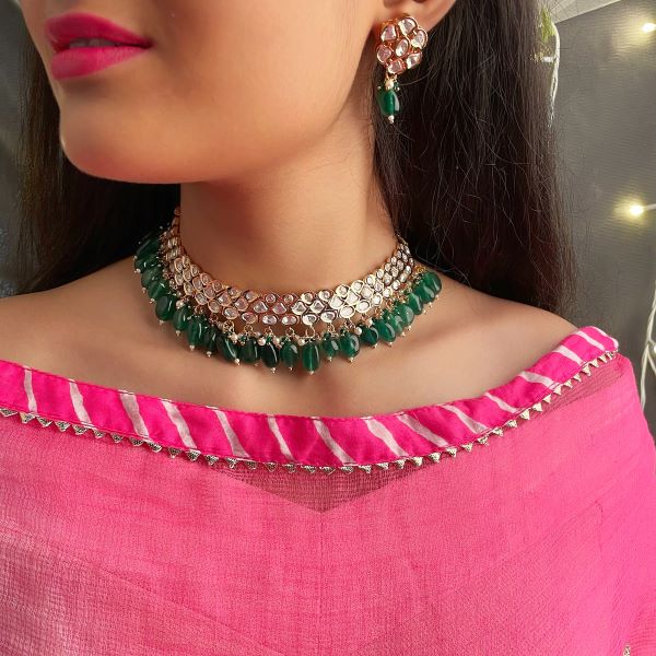 Akshita Emerald Green Polki Choker Set