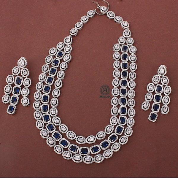 Chrisha Sapphire Blue Triple Layered Designer Necklace Set