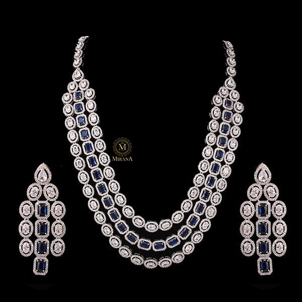 Chrisha Sapphire Blue Triple Layered Designer Necklace Set