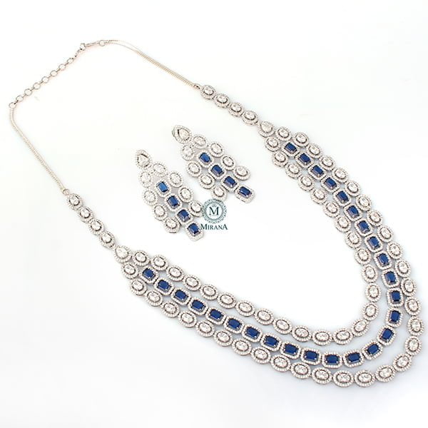 Chrisha Sapphire Blue Triple Layered Designer Necklace Set