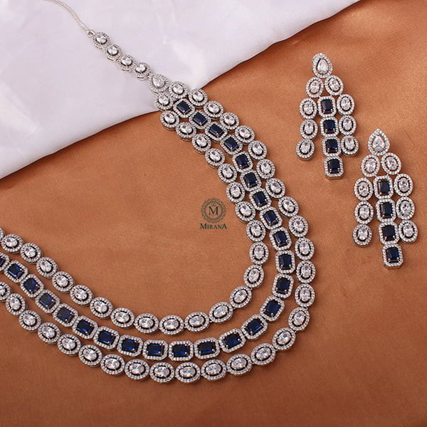 Chrisha Sapphire Blue Triple Layered Designer Necklace Set