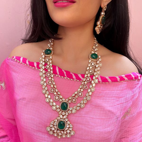 Shyamika Emerald Green Long Polki Necklace Set