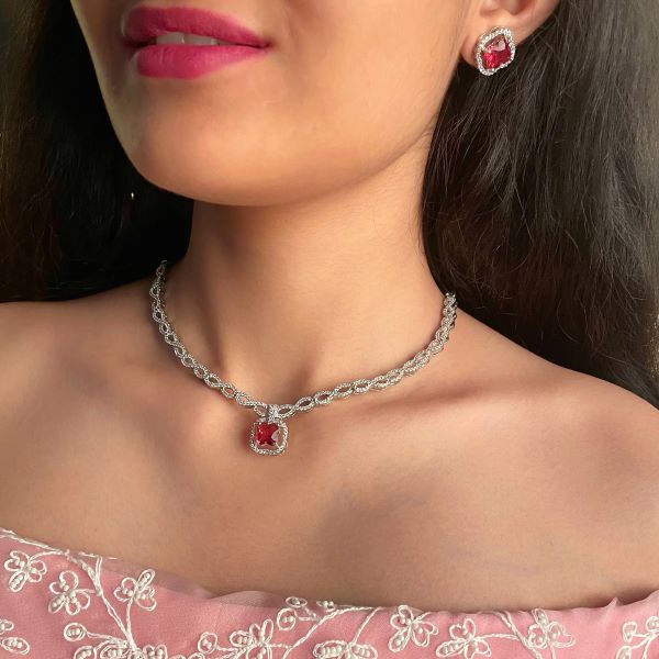 Mishi Ruby CZ Designer Necklace Set