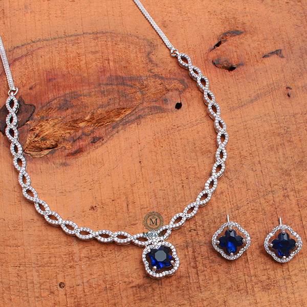 Mishi Sapphire Blue CZ Designer Necklace Set