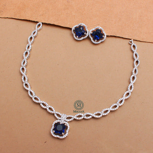 Mishi Sapphire Blue CZ Designer Necklace Set