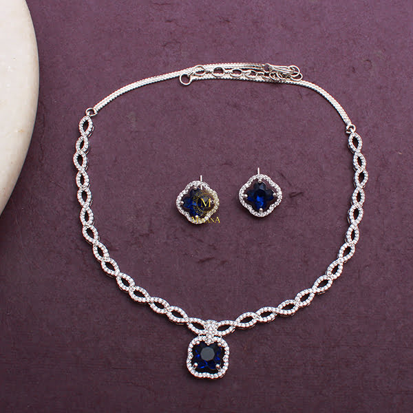 Mishi Sapphire Blue CZ Designer Necklace Set