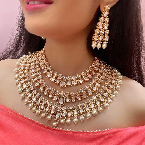 Samantha Bridal Pearls Polki Layered Necklace Set