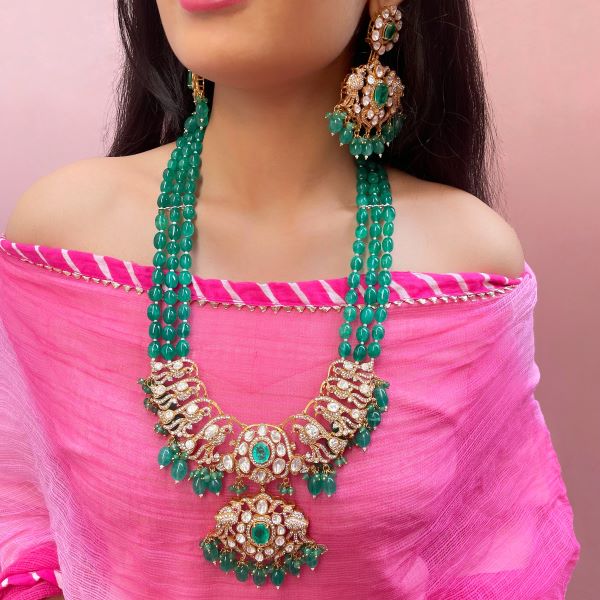 Madubala Emerald Green Long Polki Necklace Set