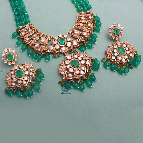 Madubala Emerald Green Long Polki Necklace Set