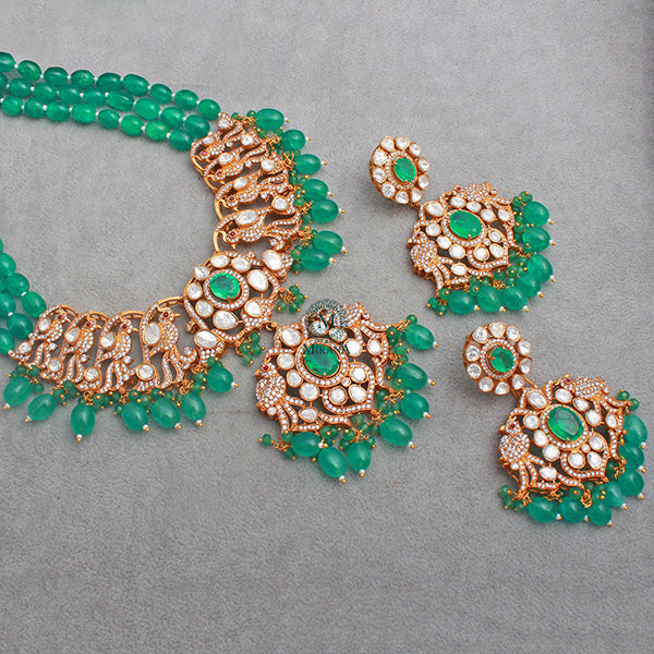 Madubala Emerald Green Long Polki Necklace Set