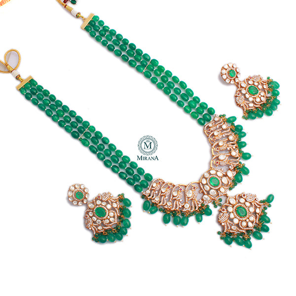 Madubala Emerald Green Long Polki Necklace Set