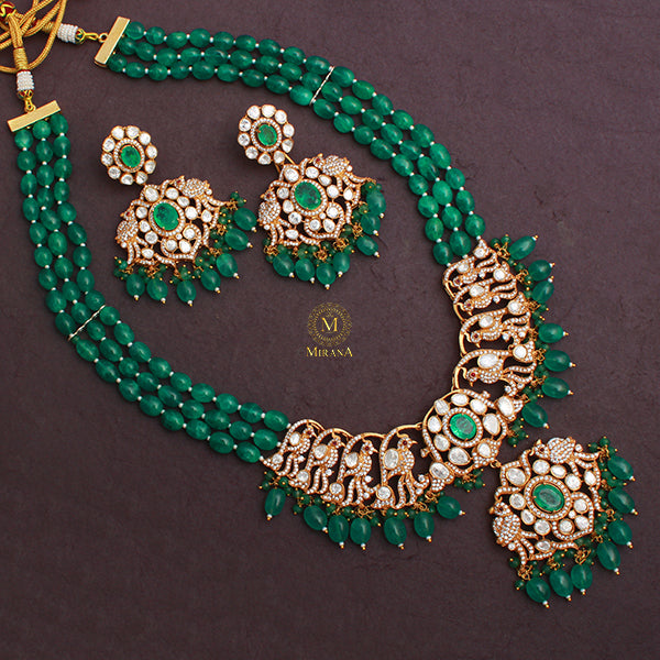 Madubala Emerald Green Long Polki Necklace Set