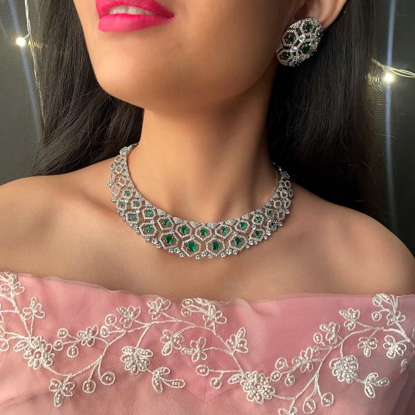Kenzi Emerald Green CZ Designer Necklace Set