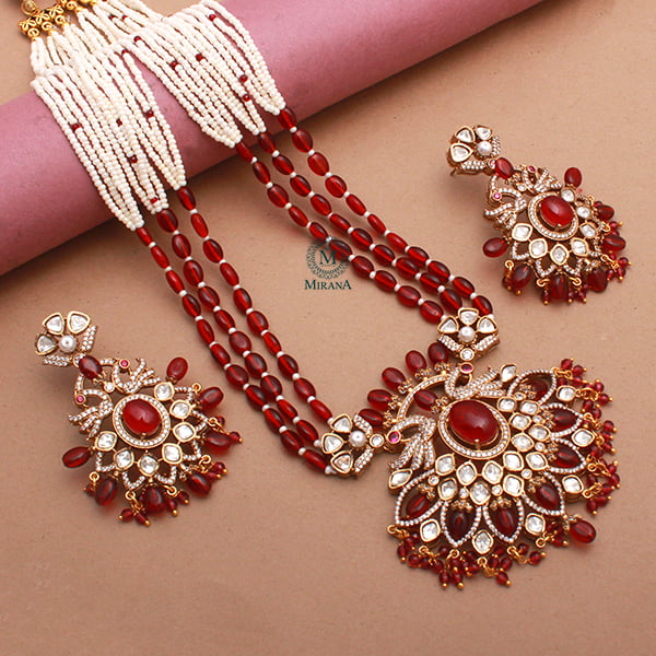 Aanchal Ruby Moissanite Long Necklace Set