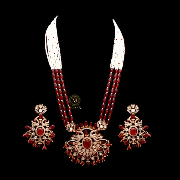 Aanchal Ruby Moissanite Long Necklace Set