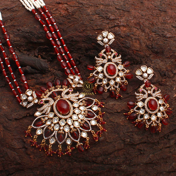 Aanchal Ruby Moissanite Long Necklace Set