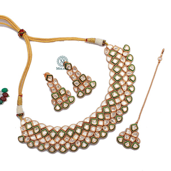 Vrushika Emerald Green Polki Necklace Set