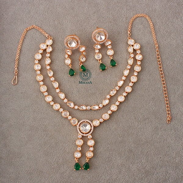 Tishya Emerald Green Polki Necklace Set