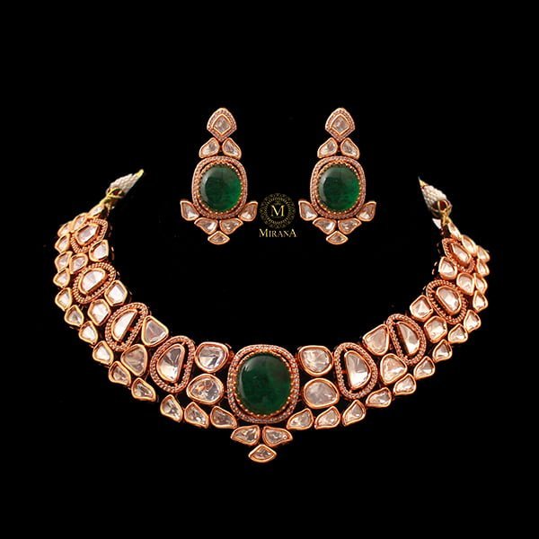 Medhavi Emerald Green Polki Necklace Set