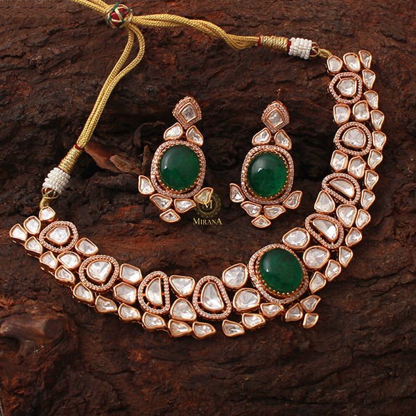 Medhavi Emerald Green Polki Necklace Set