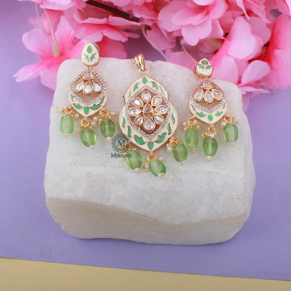 Avni Pastel Green Meenakari Polki Pendant Set