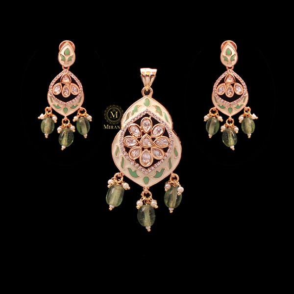 Avni Pastel Green Meenakari Polki Pendant Set