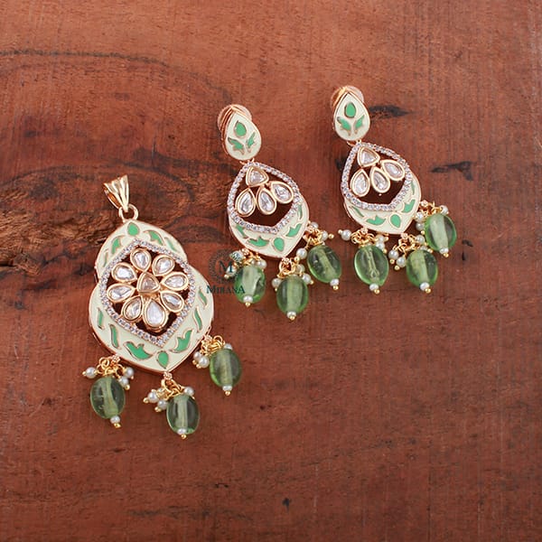 Avni Pastel Green Meenakari Polki Pendant Set