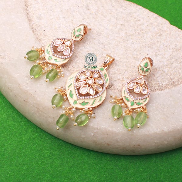 Avni Pastel Green Meenakari Polki Pendant Set