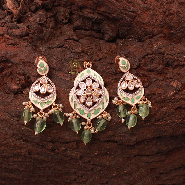 Avni Pastel Green Meenakari Polki Pendant Set