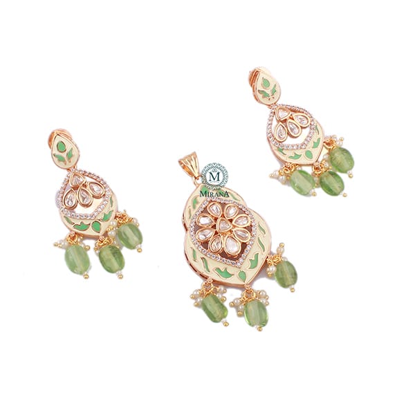 Avni Pastel Green Meenakari Polki Pendant Set