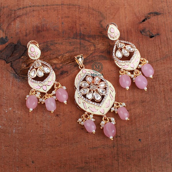 Avni Pastel Pink Meenakari Polki Pendant Set