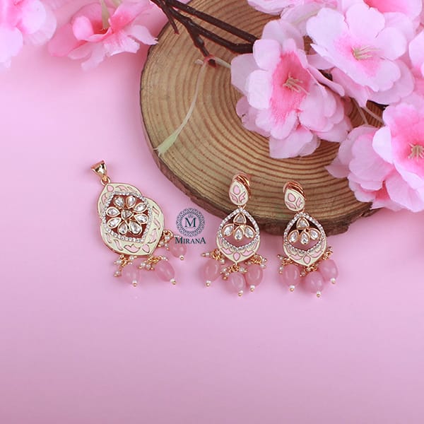 Avni Pastel Pink Meenakari Polki Pendant Set