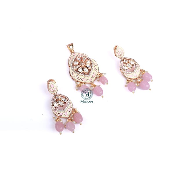 Avni Pastel Pink Meenakari Polki Pendant Set