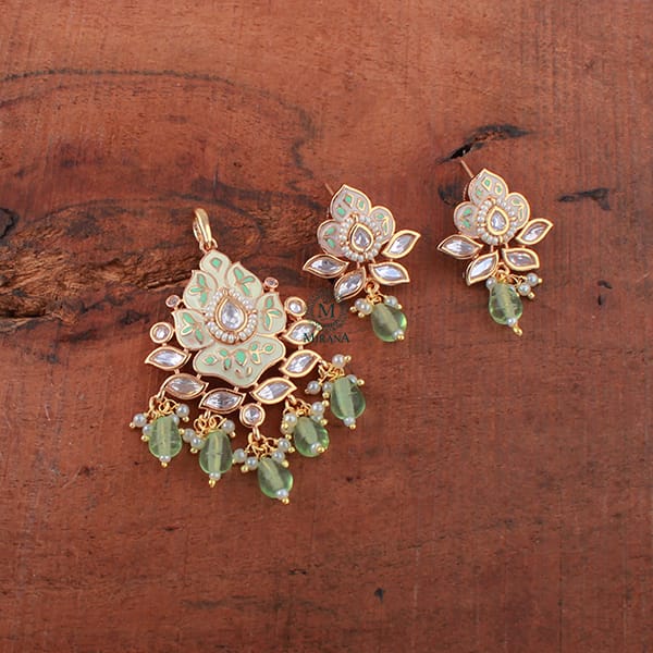 Aisha Pastel Green Meenakari Polki Pendant Set