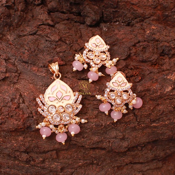 Bhavna Pastel Pink Meenakari Polki Pendant Set