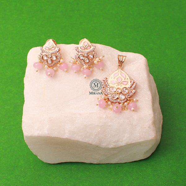 Bhavna Pastel Pink Meenakari Polki Pendant Set