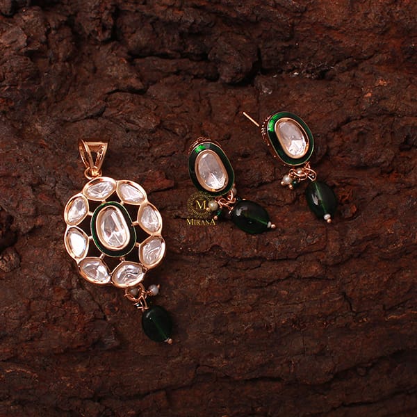 Divya Emerald Green Polki Designer Pendant Set