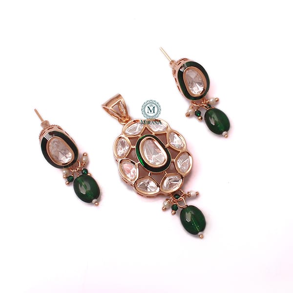 Divya Emerald Green Polki Designer Pendant Set