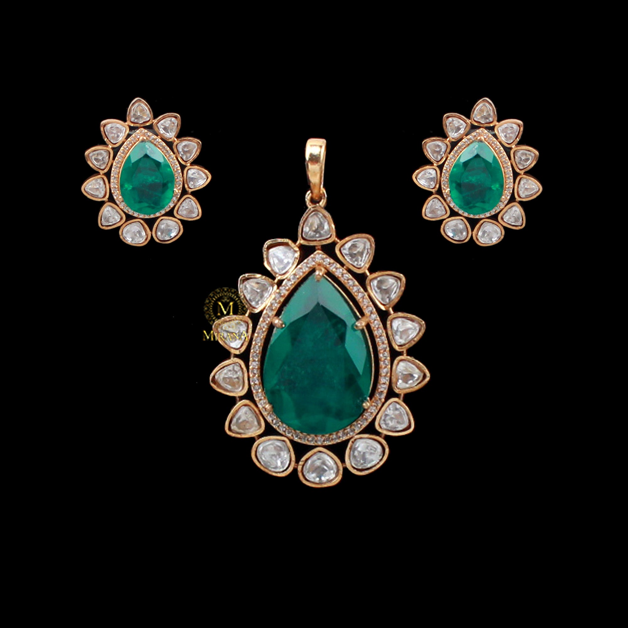 Vrushi Emerald Green Moissanite Pendant Set