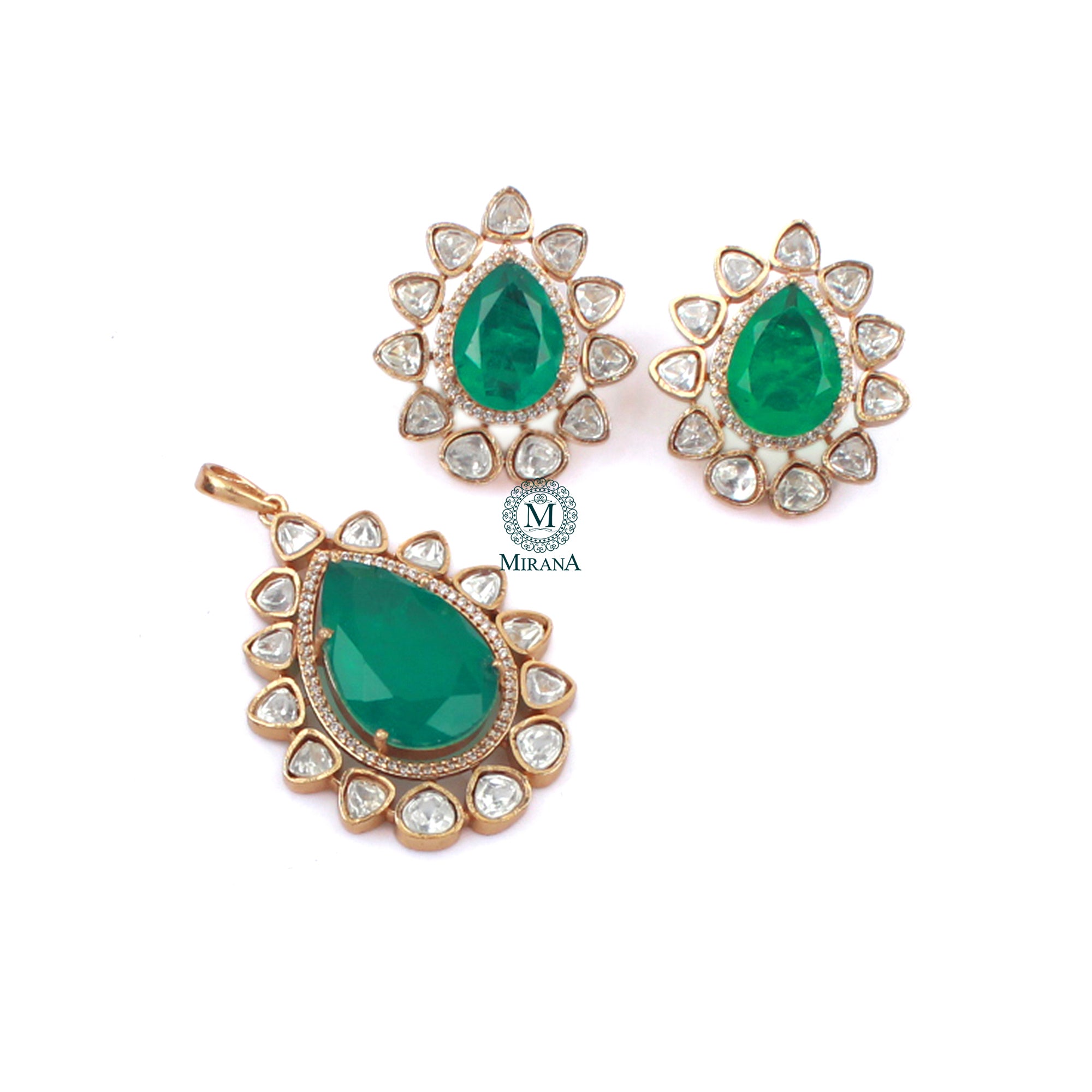 Vrushi Emerald Green Moissanite Pendant Set