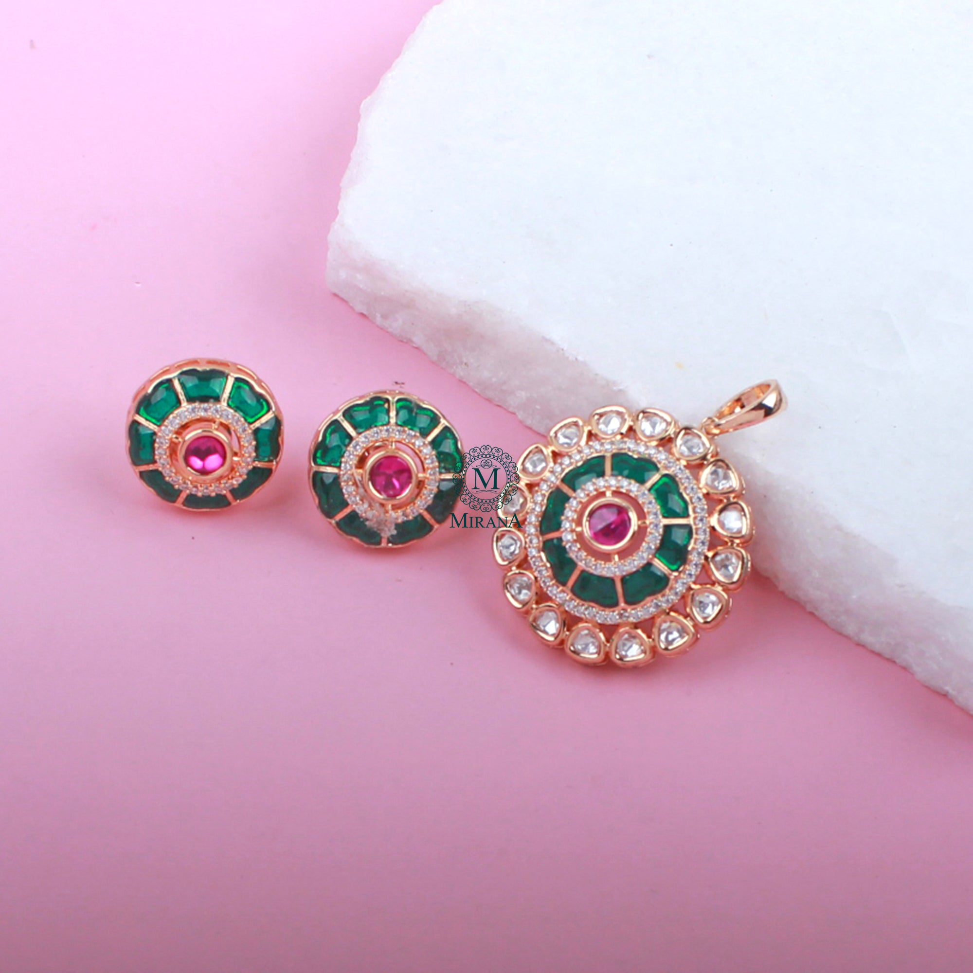 Anantika Green Ruby Polki Pendant Set