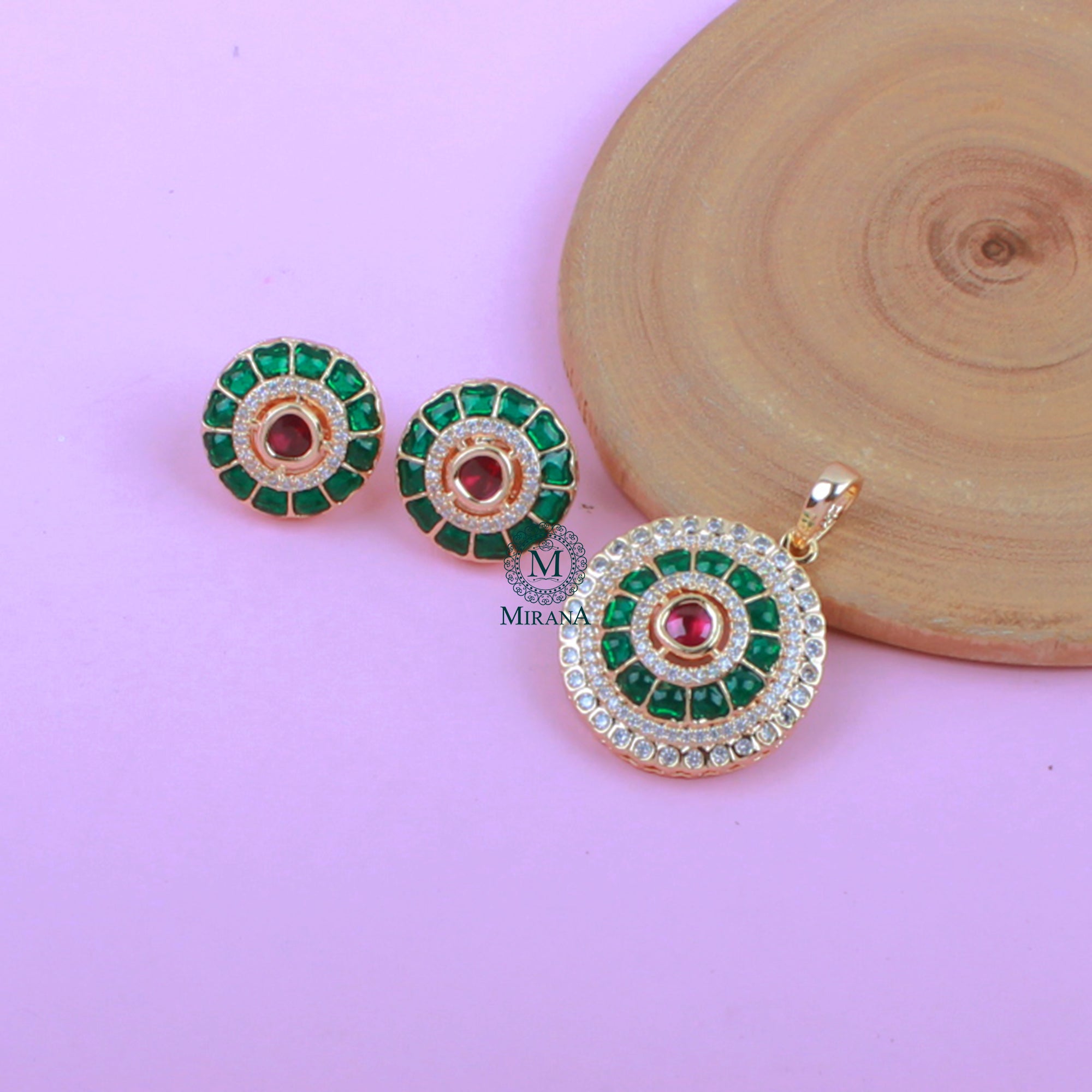 Keshavi Green Ruby Polki Pendant Set